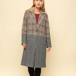 Mystree PLAID COLOR BLOCKED FUR COLLAR COAT